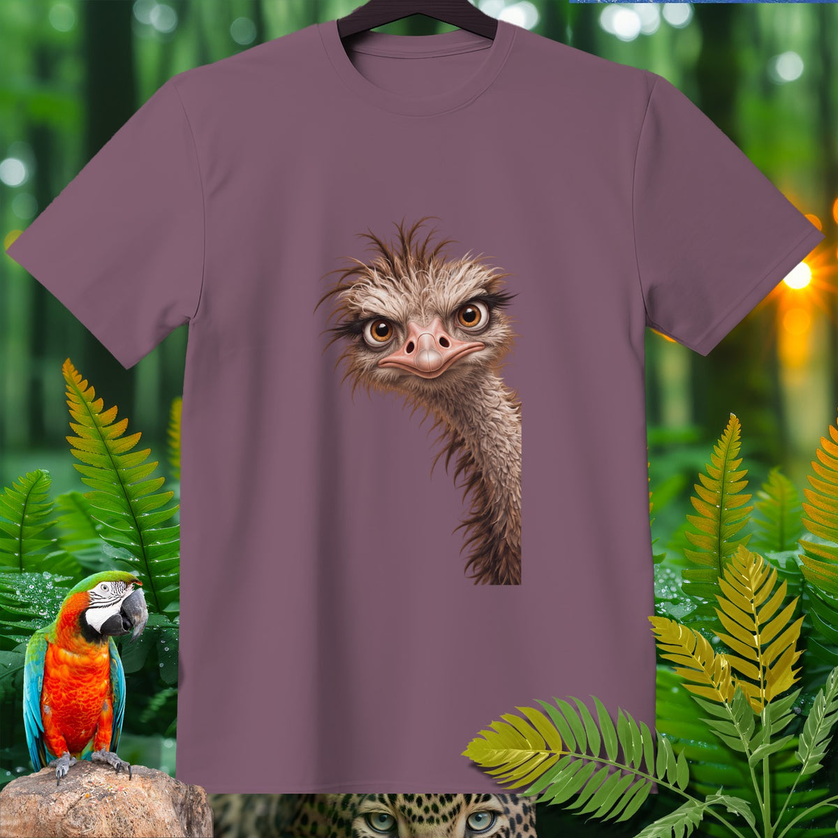 T-shirt with a close-up illustration of an ostrich head on a purple background.