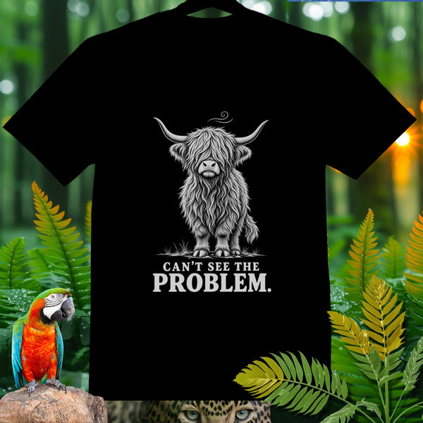 Black t-shirt with a shaggy highland cow graphic and text "CAN'T SEE THE PROBLEM".