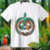 White t-shirt with a Halloween jack-o'-lantern and snake graphic.