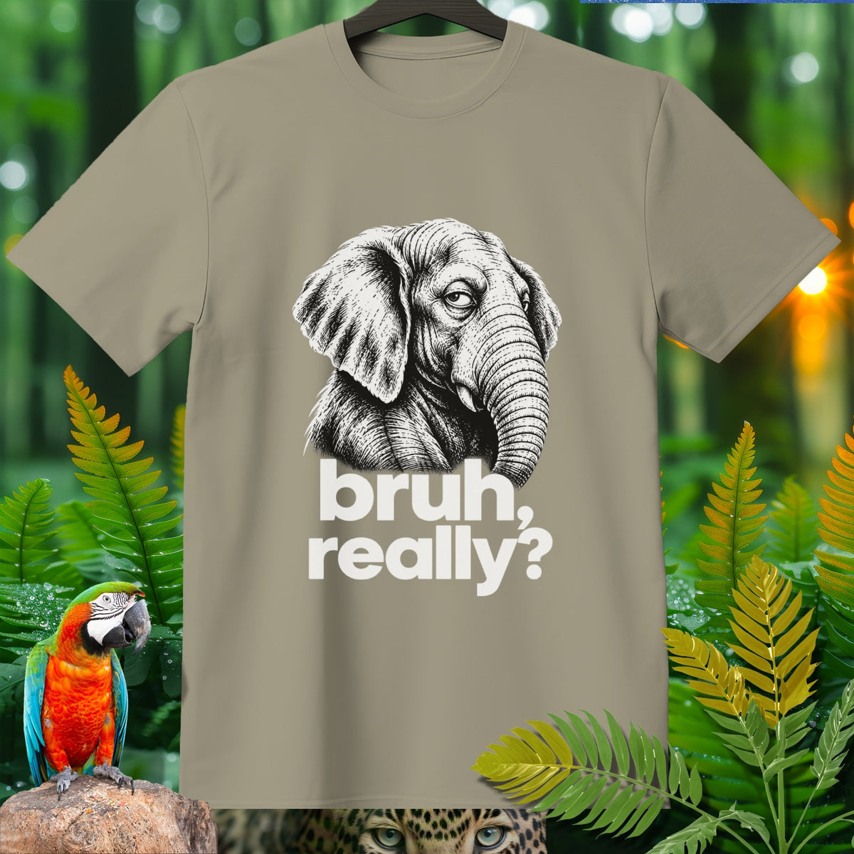 T-shirt with black and white elephant and text "bruh, really?"