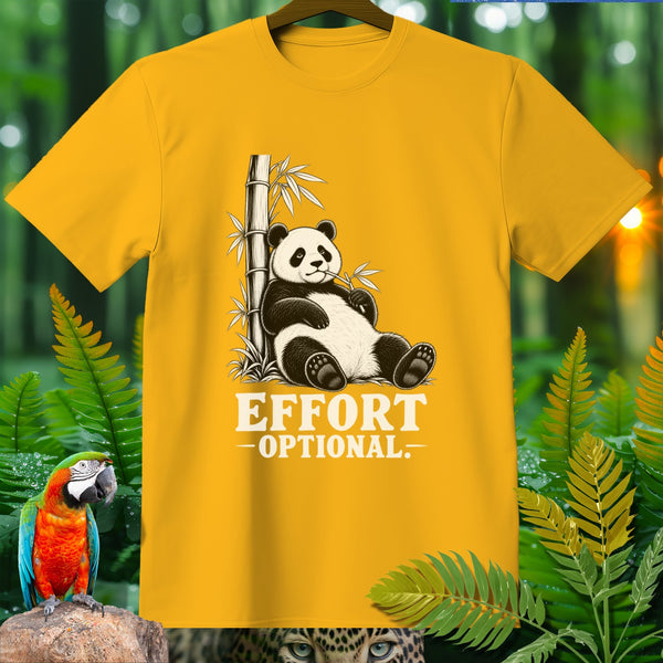 Yellow t-shirt with panda eating bamboo and text "EFFORT OPTIONAL."