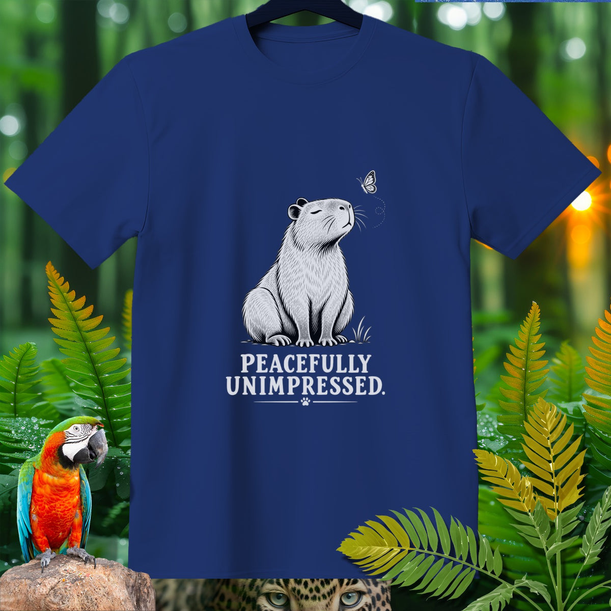 Blue t-shirt with capybara graphic and text "PEACEFULLY UNIMPRESSED."