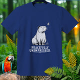 Blue t-shirt with capybara graphic and text 