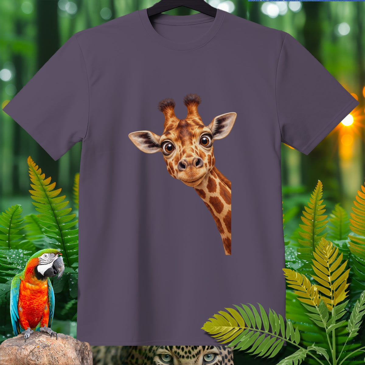 Purple t-shirt with a curious cartoon giraffe peeking from the side.