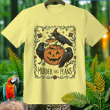 Light yellow t-shirt with Halloween crows, pumpkin, and text 