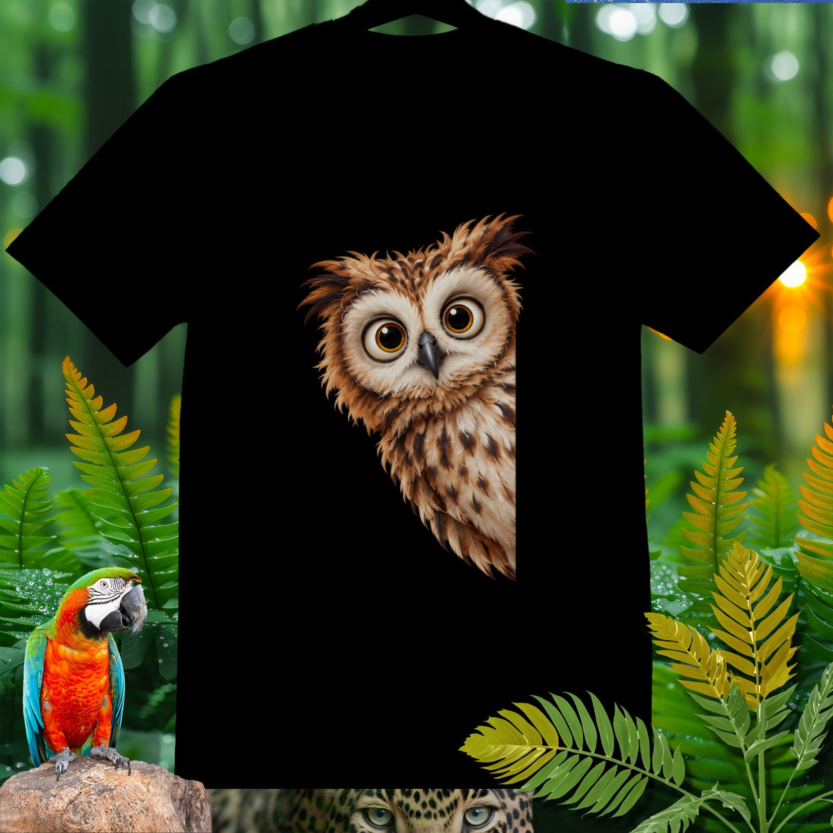 Black t-shirt with a curious owl illustration peeking from the right side.