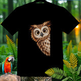 Black t-shirt with a curious owl illustration peeking from the right side.