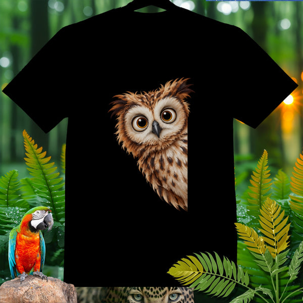Black t-shirt with a curious owl illustration peeking from the right side.