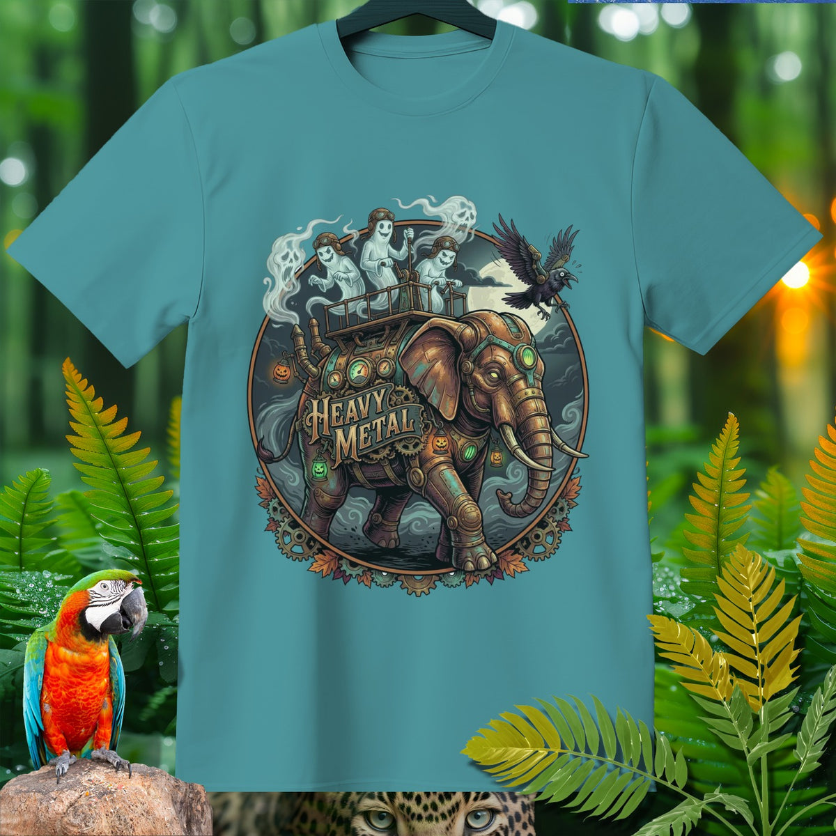 Steampunk elephant with ghosts and a crow, text "Heavy Metal".