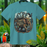 Steampunk elephant with ghosts and a crow, text 