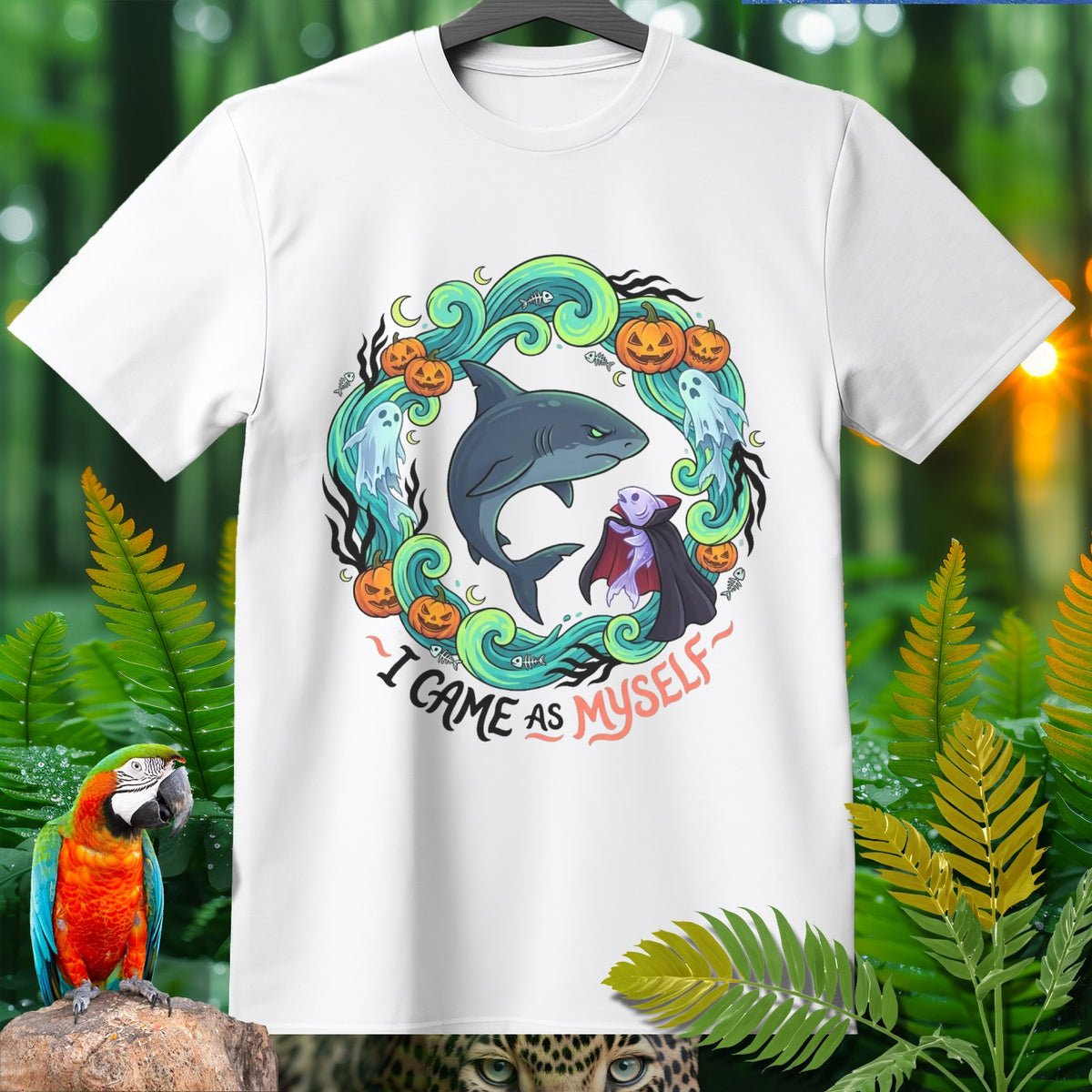 White t-shirt with Halloween-themed graphic featuring a shark and a vampire.
