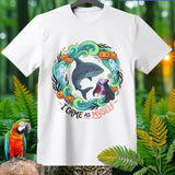 White t-shirt with Halloween-themed graphic featuring a shark and a vampire.