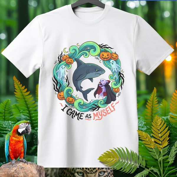 White t-shirt with Halloween-themed graphic featuring a shark and a vampire.
