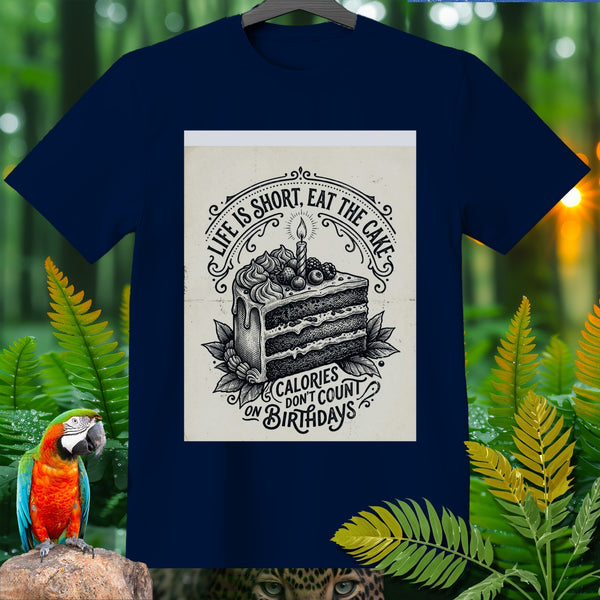 T-shirt with cake graphic saying "Life is short, eat the cake. Calories don't count on birthdays."