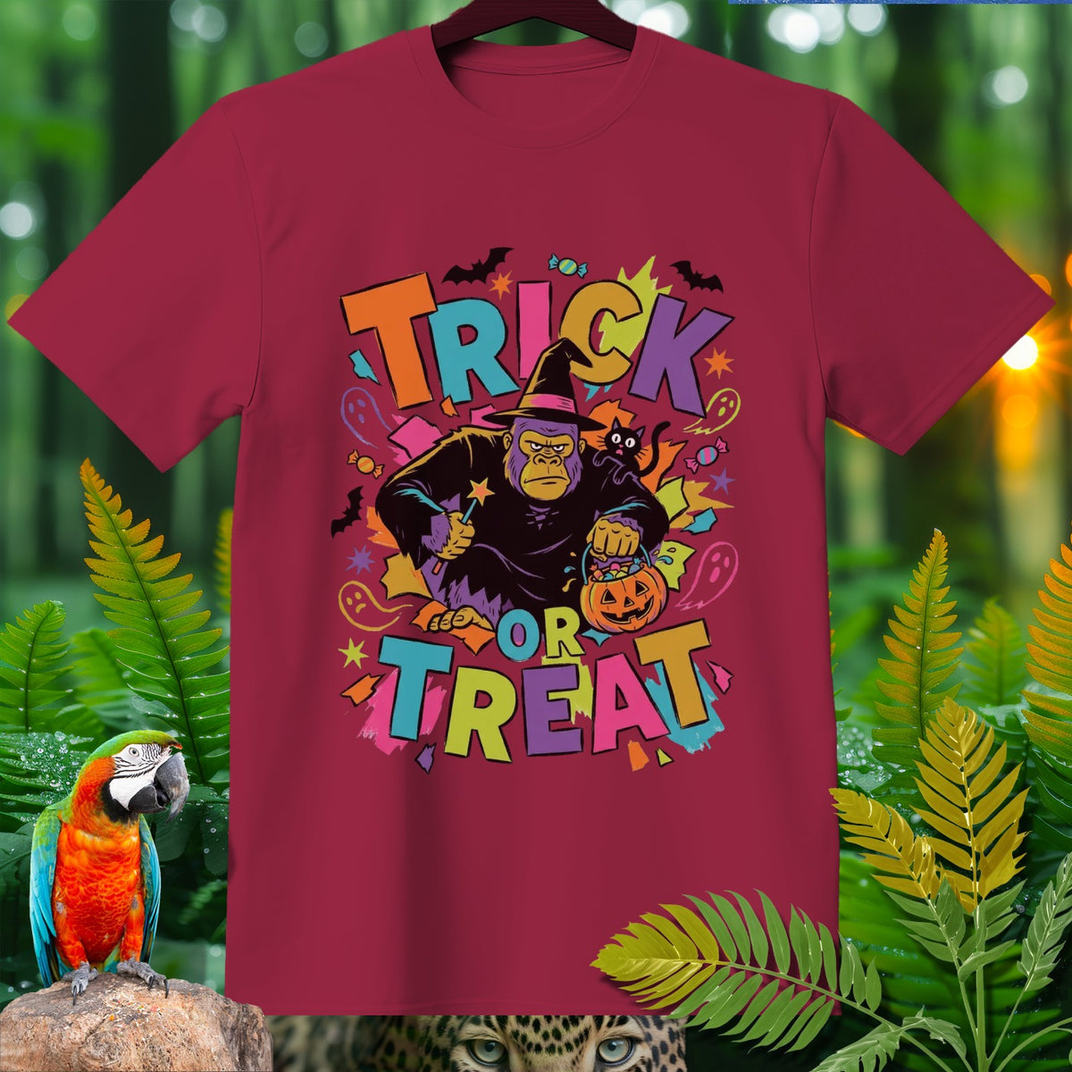 Maroon t-shirt with gorilla in wizard hat saying "Trick or Treat" with candy and bats.