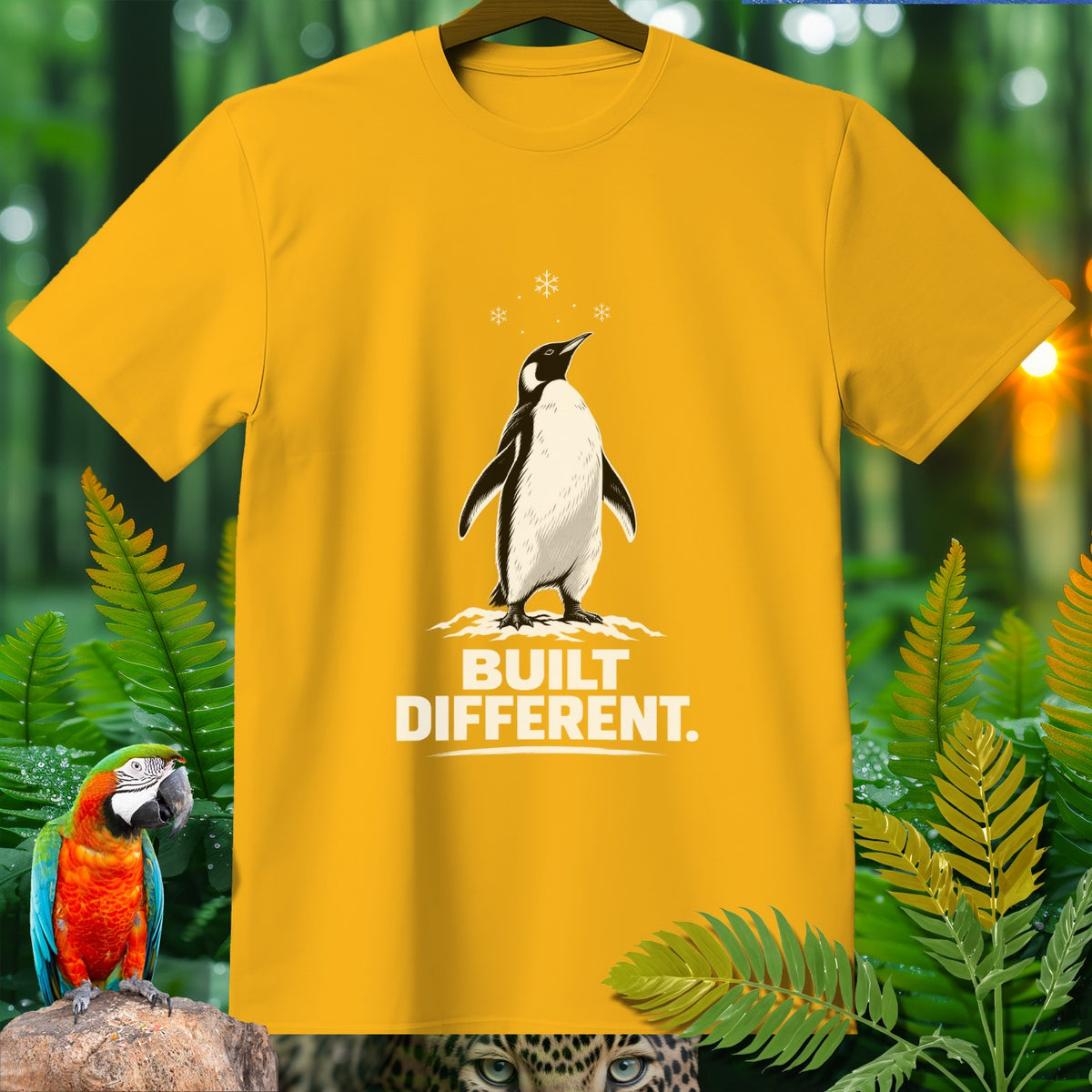 Yellow t-shirt with a penguin illustration and the text "BUILT DIFFERENT."