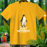 Yellow t-shirt with a penguin illustration and the text 