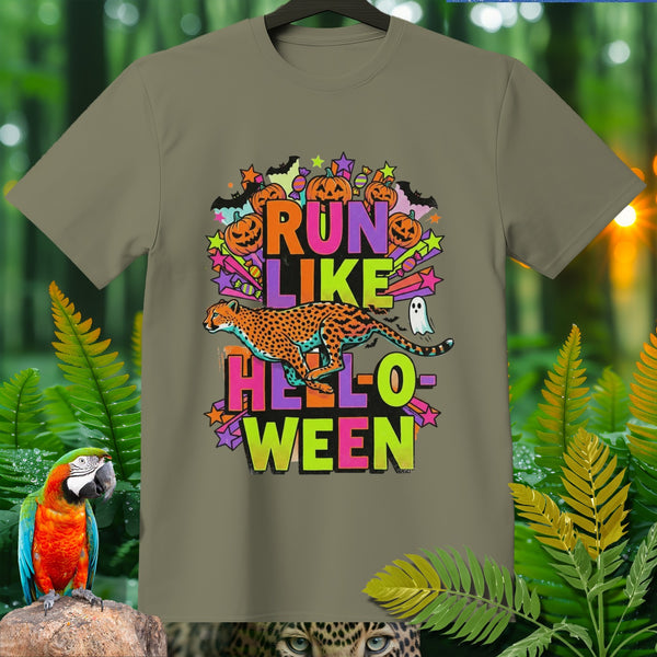 Olive green t-shirt with cheetah graphic and "Run Like Halloween" text.