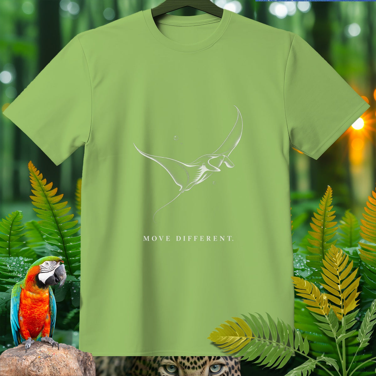 Light green t-shirt with a white line drawing of a manta ray and text.