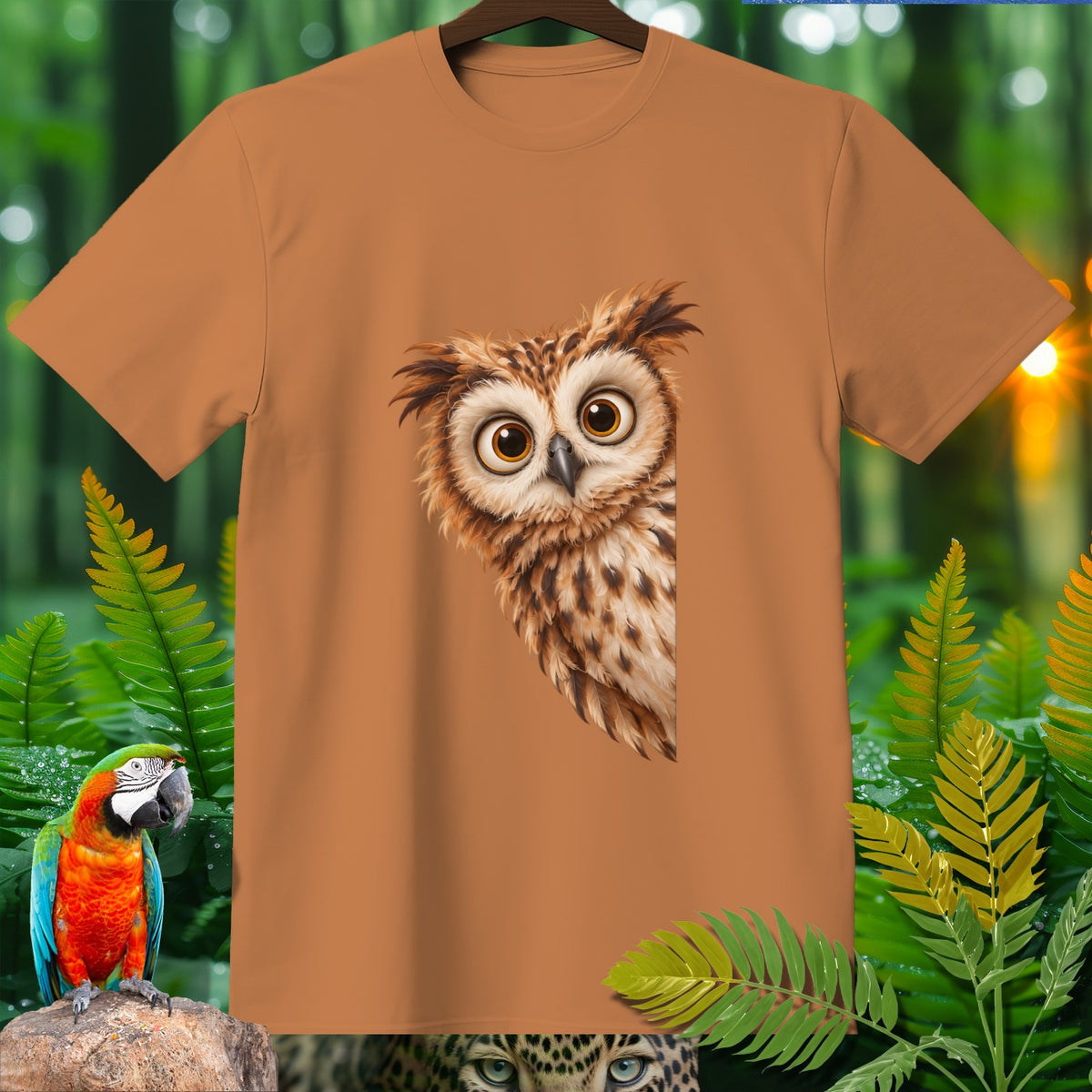 Brown t-shirt with cartoon owl graphic, surrounded by jungle foliage and animals.