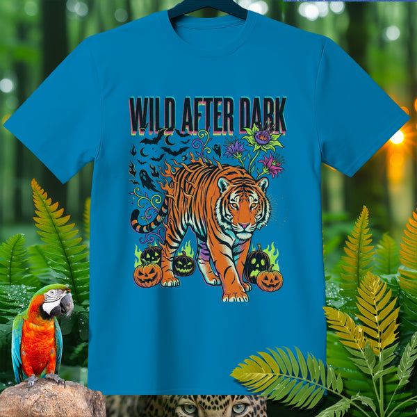 Blue t-shirt with "WILD AFTER DARK" text and a tiger with pumpkins.