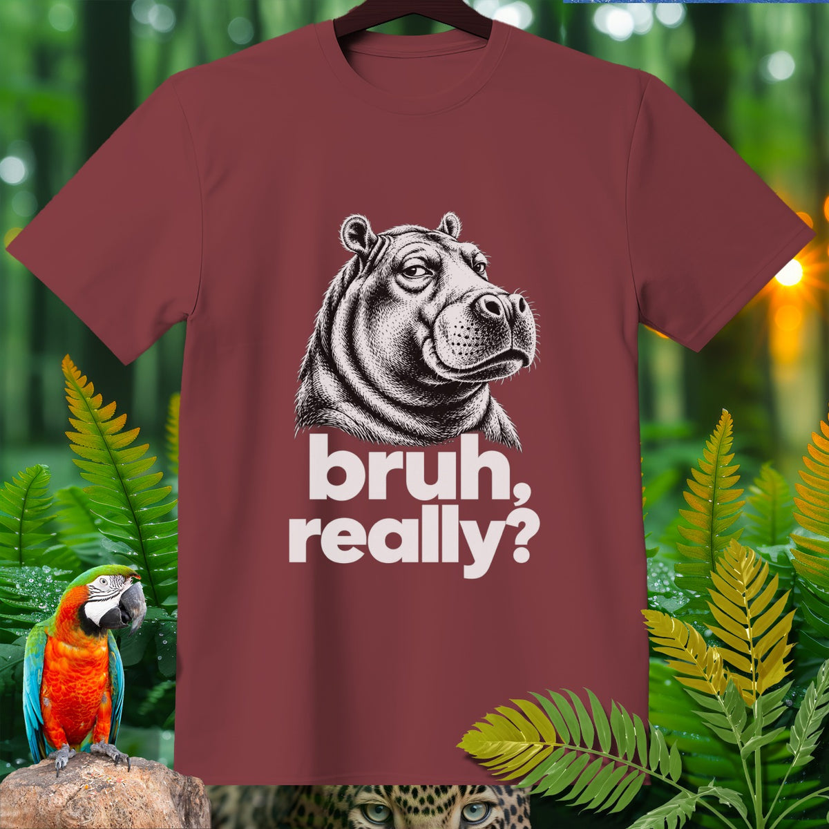 Maroon t-shirt with black and white drawing of a hippo and text "bruh, really?".