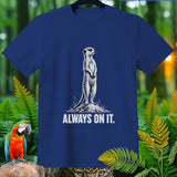 Navy t-shirt with a meerkat illustration and text 