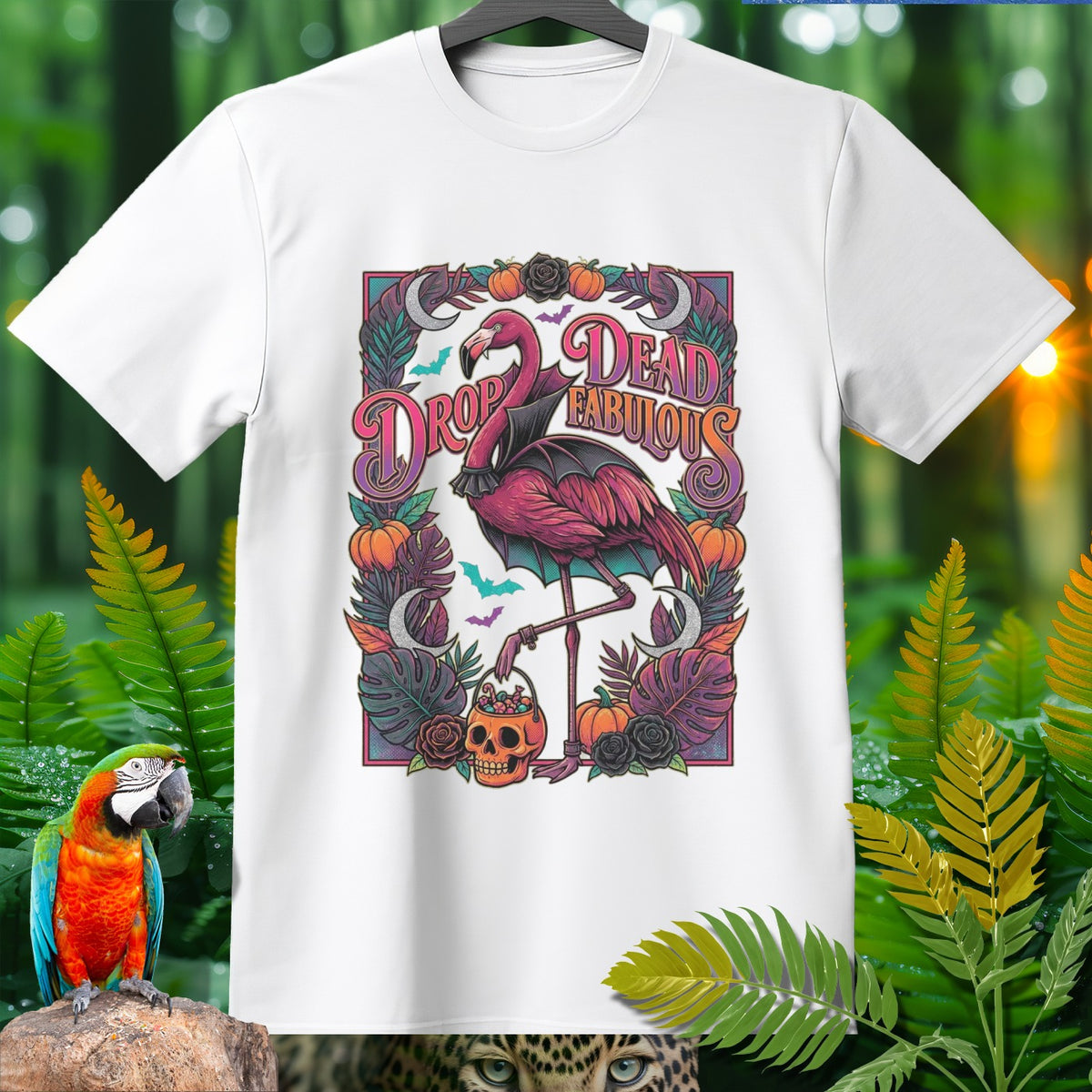 White t-shirt with a Halloween flamingo graphic saying "Drop Dead Fabulous".