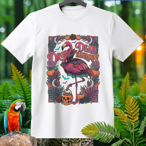 White t-shirt with a Halloween flamingo graphic saying "Drop Dead Fabulous".