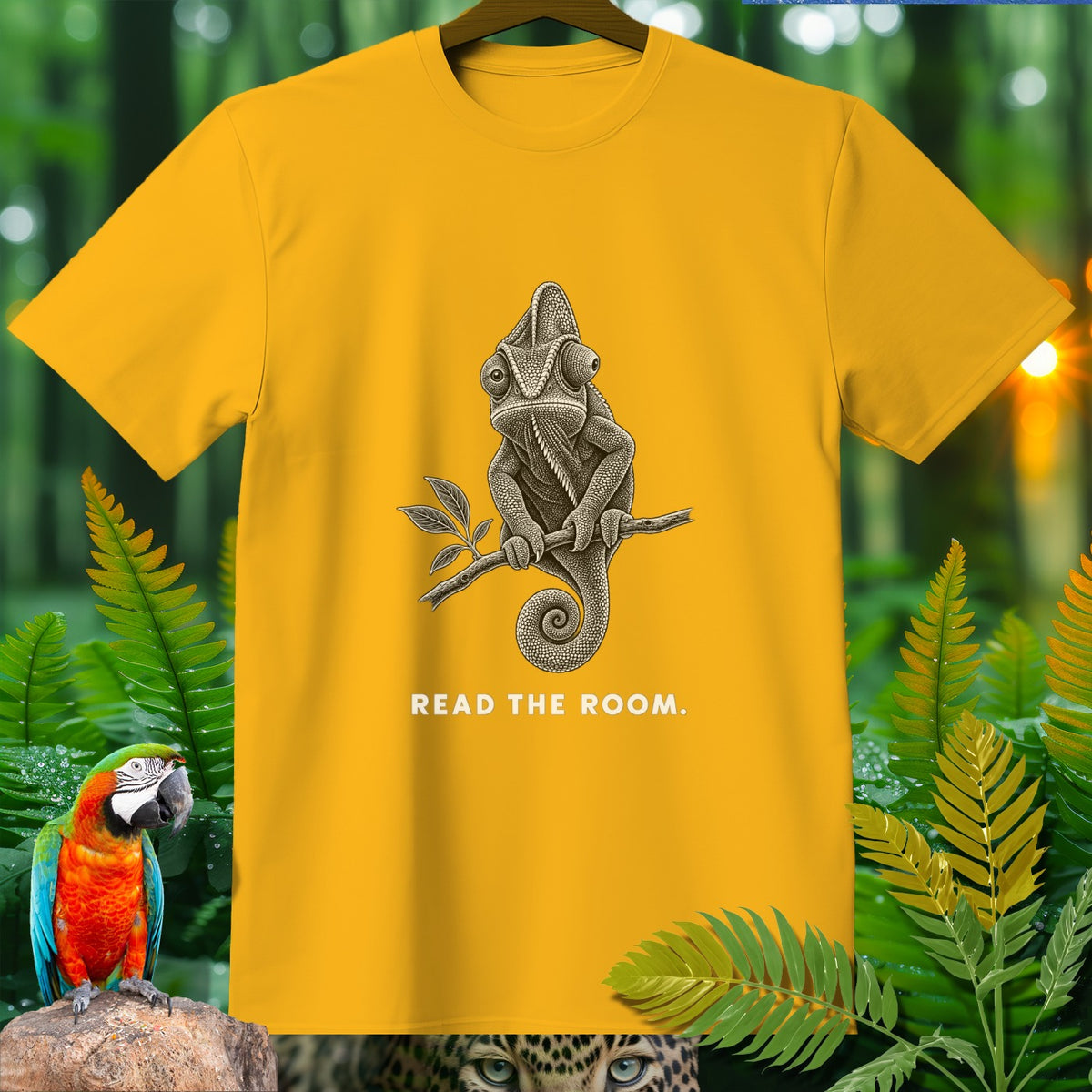 Yellow t-shirt with chameleon graphic and text "READ THE ROOM."