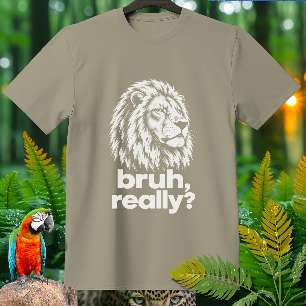 Khaki t-shirt with a white lion head graphic and "bruh, really?" text.