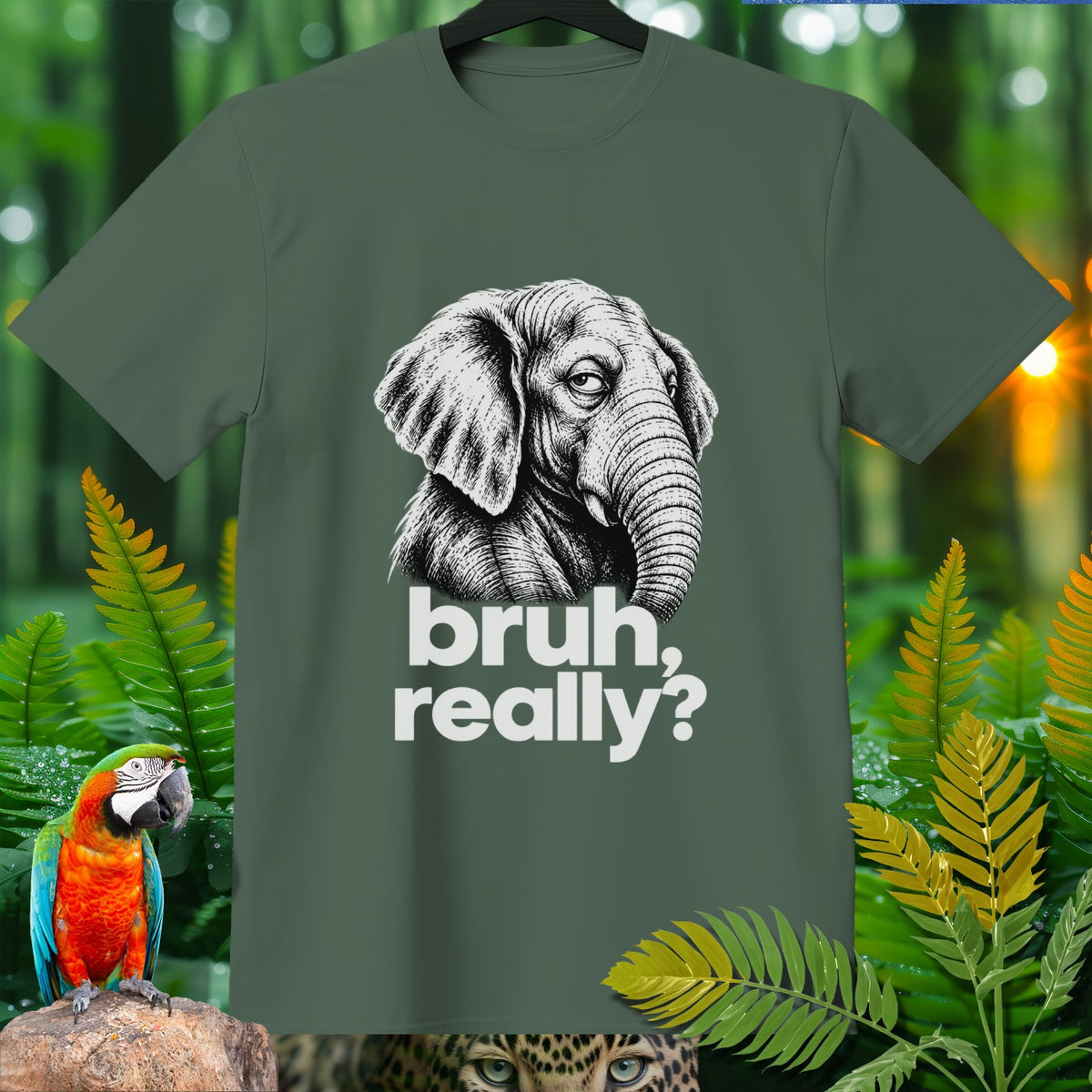 T-shirt with a black and white drawing of an elephant and the text "bruh, really?".