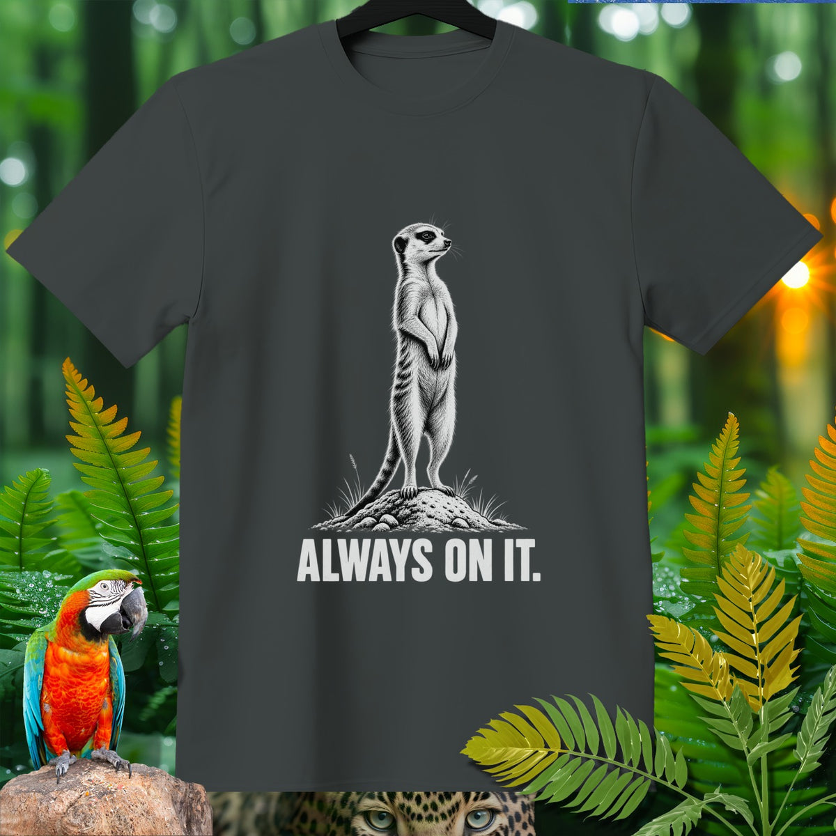 Dark grey t-shirt with a standing meerkat graphic and "ALWAYS ON IT." text.