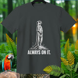 Dark grey t-shirt with a standing meerkat graphic and 