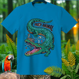 Blue t-shirt with a green alligator wearing headphones, DJing, with pumpkins and mice.