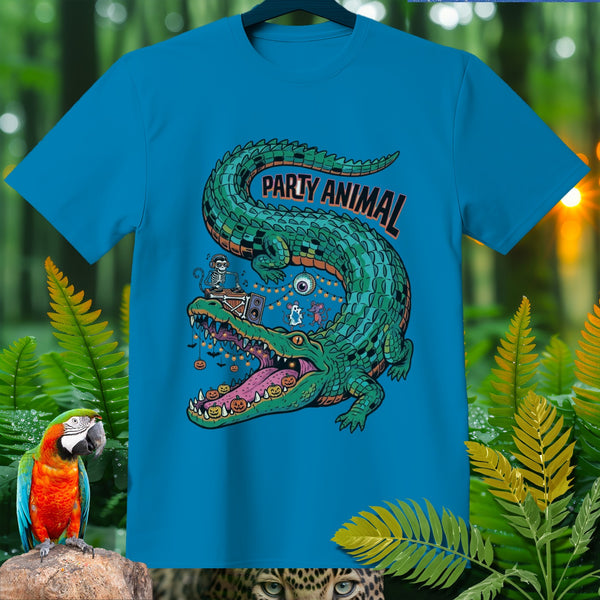 Blue t-shirt with a green alligator wearing headphones, DJing, with pumpkins and mice.