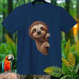 Navy blue t-shirt with a curious sloth peeking from the side.