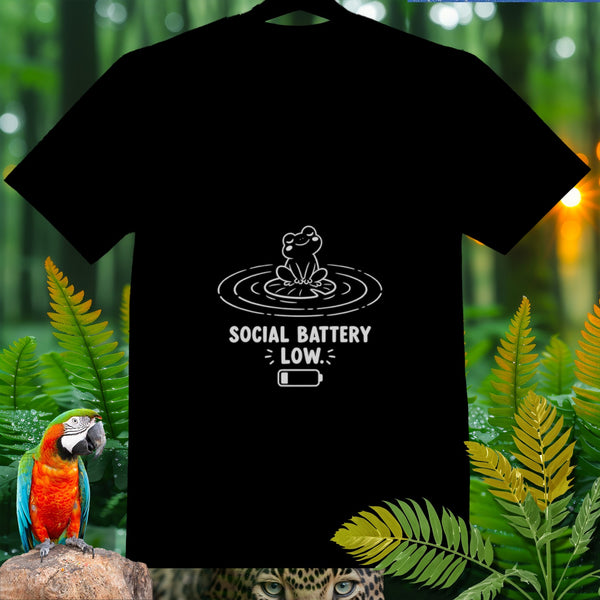Black t-shirt with a white graphic of a frog and "SOCIAL BATTERY LOW" text.