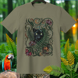 Black panther in decorative jungle foliage on a khaki t-shirt.