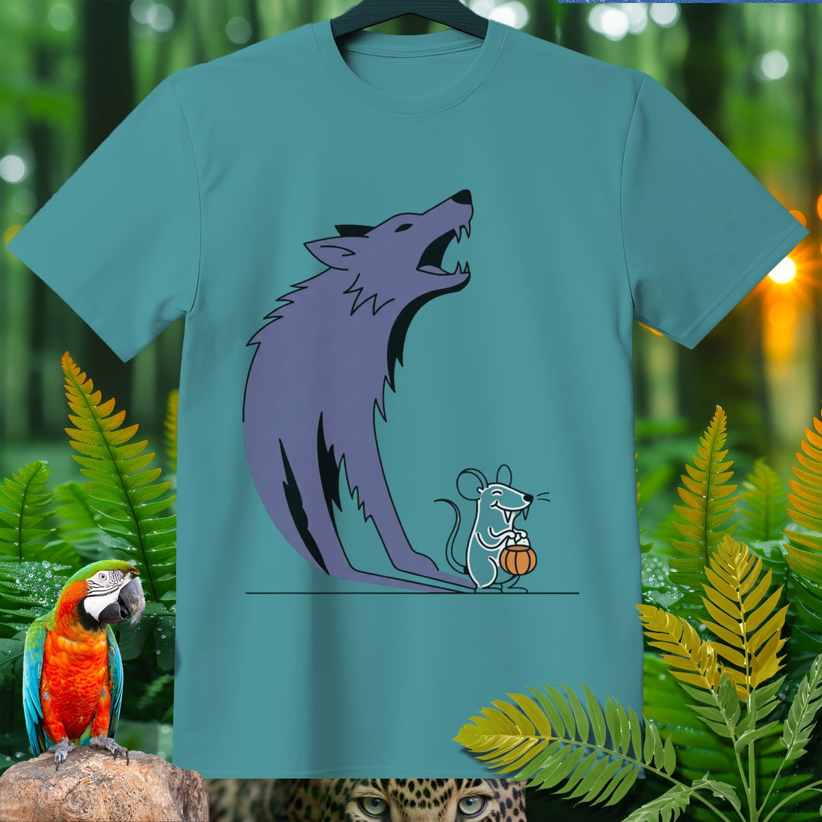 Teal t-shirt featuring a purple wolf and a mouse holding a pumpkin.