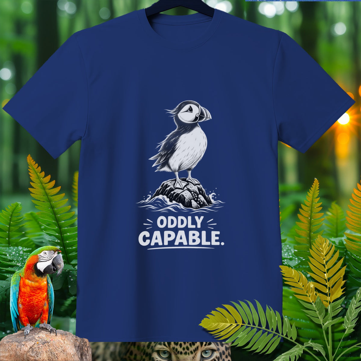 Blue t-shirt with a puffin illustration and the text "ODDLY CAPABLE."
