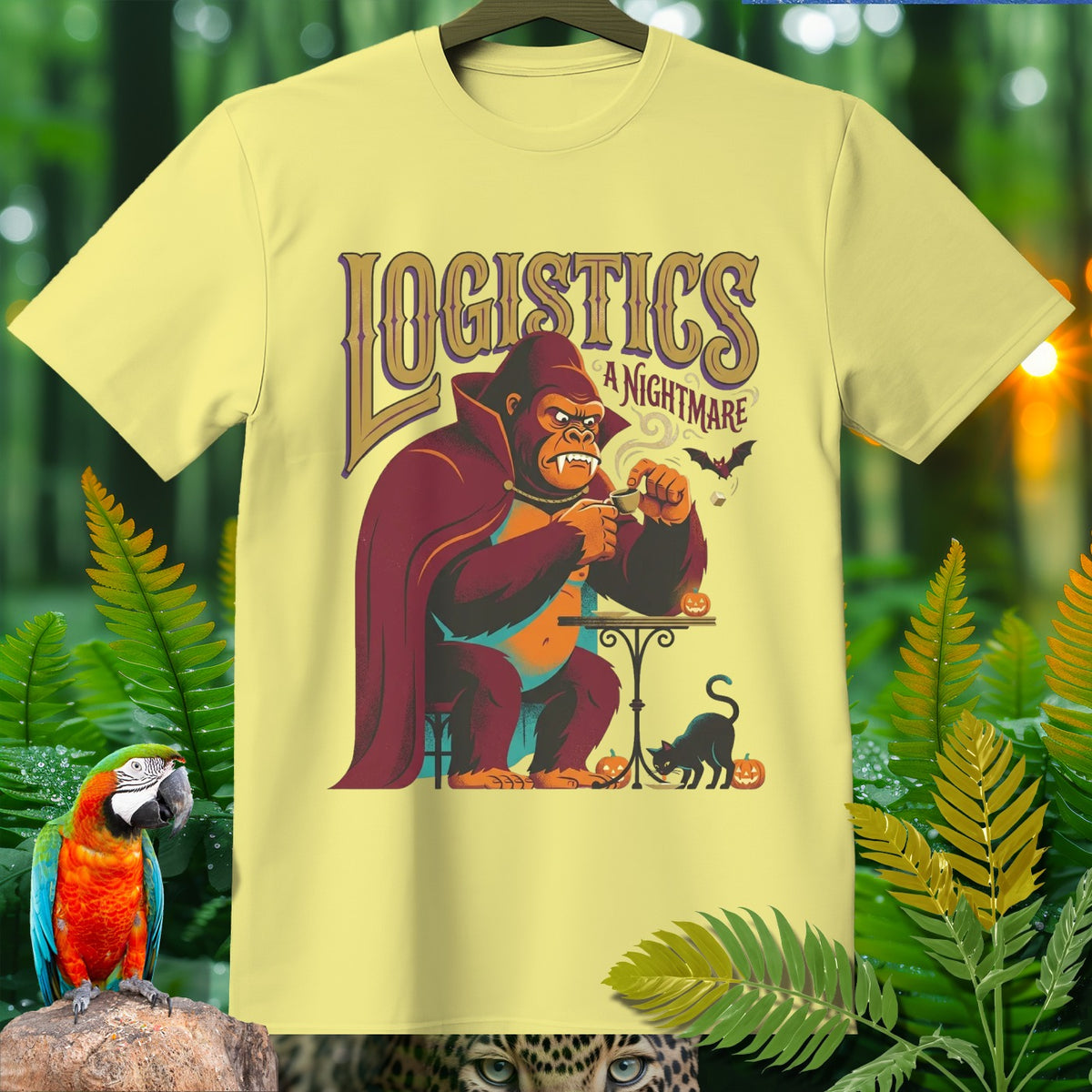 Yellow t-shirt with graphic of a vampire gorilla, text "LOGISTICS A NIGHTMARE".