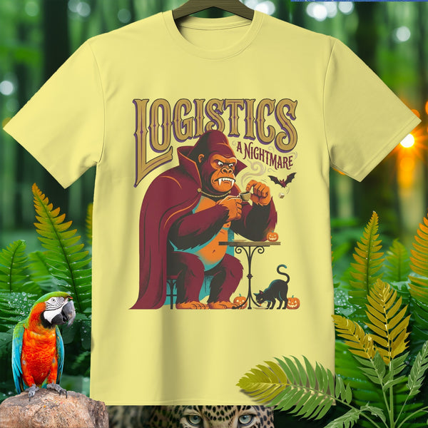 Yellow t-shirt with graphic of a vampire gorilla, text "LOGISTICS A NIGHTMARE".