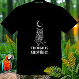 Black t-shirt with owl, moon, stars, and text 