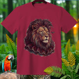 Burgundy t-shirt with a painting of a lion wearing glasses and a ruffled collar.