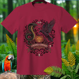 Crimson t-shirt with a Strange Company Halloween graphic featuring a cobra, crow, and jack-o'-lantern.