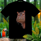 Black t-shirt with a close-up realistic hippo face and jungle foliage.