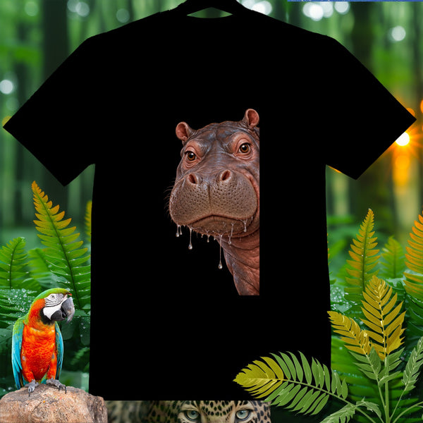 Black t-shirt with a close-up realistic hippo face and jungle foliage.