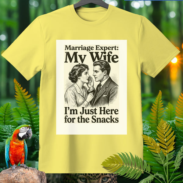 Yellow t-shirt with text "Marriage Expert: My Wife I'm Just Here for the Snacks".