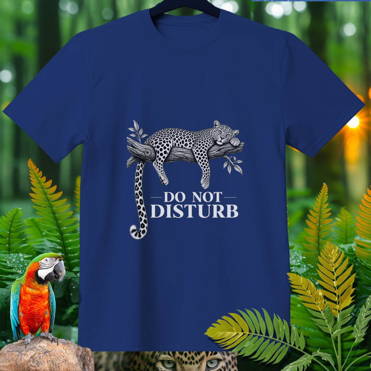 Blue t-shirt with sleeping leopard graphic and "DO NOT DISTURB" text.